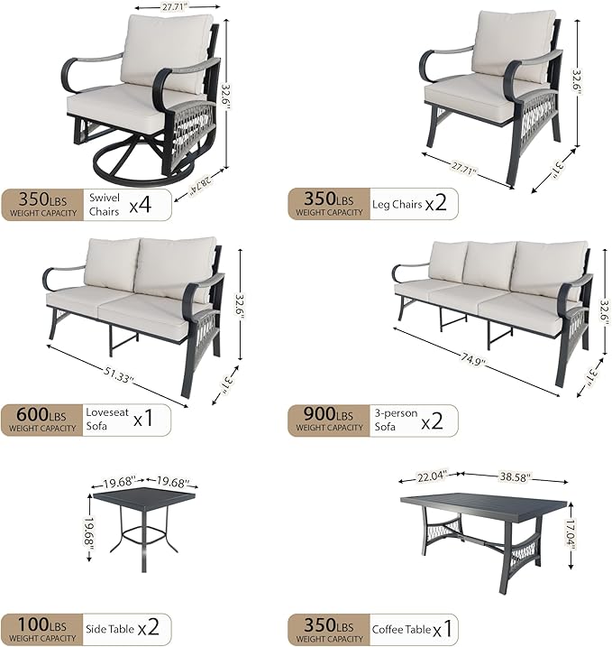 12-Piece Outdoor Patio Conversation Sets, Rope Outdoor Furniture Set Metal 2 Three-Seater Couch, 4 Swivel Rockers with 2 Side Tables, Loveseat Sofa Single Chairs with Coffee Table, Beige