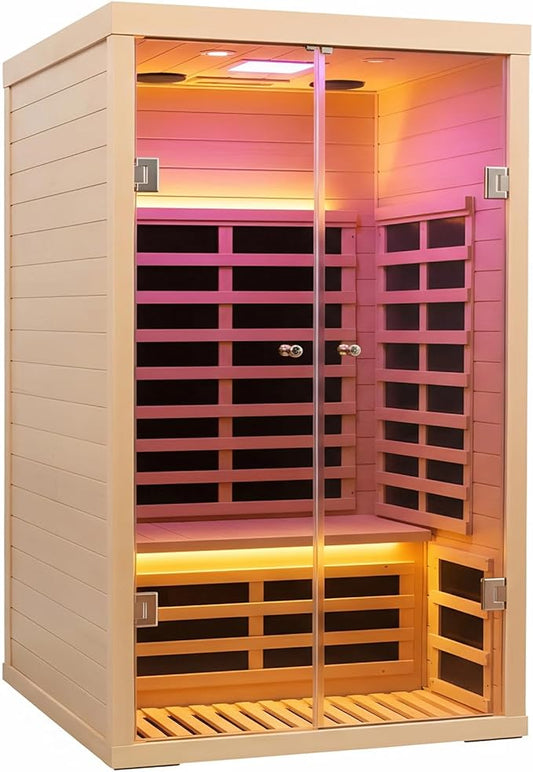 Infrared Sauna 2 Person, Low EMF (0-5) Far Home Sauna with 7 Heaters, 1780W/120V Red Light Indoor Sauna Room with APP Control, 7 Color Light, Blue-Tooth, LCD, LED Reading Light, Hemlock Wood