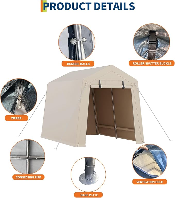 7 x 10 Ft Carport Portable Storage Shed Outdoor Tarp Sheds with Roll-Up Door, Bike Shed Storage Tent for Motorcycle, Garden Tools Khaki