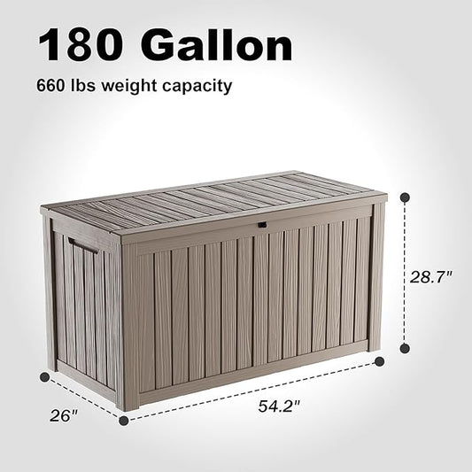 ROJIK Outdoor Storage Housing Deck Box - Waterproof Patio Furniture, Garden Tools, Cushions, Pool Accessories Storage Bench with Lockable Lid and Side Handles (Grey, 180 Gal)