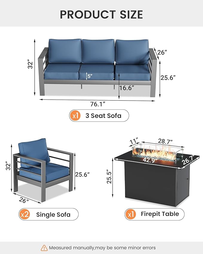 UDPATIO 8 Piece Aluminum Patio Furniture Set with Aluminum Fire Pit Table,Mordern Outdoor Furniture Set with Water-Proof Cover Included, Dark Grey/Navy