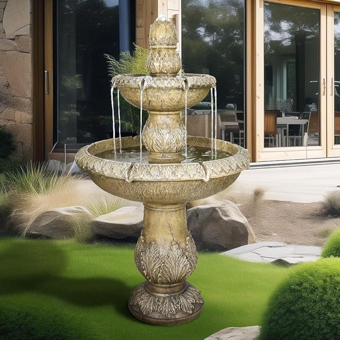 ourrco 47.2" H Italian Outdoor Floor Standing Fountain and Waterfalls 2-Tier Water Fountains with Budding Lotus Top for Outdoor Garden, Backyard, Porch, Deck, Lawn, Patio