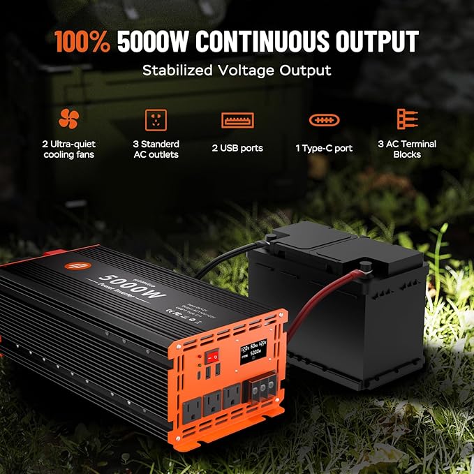 5000 Watt Power Inverter 12V DC to 110V/120V AC Converter Peak Power 10000W Car Inverter with LCD Display 2 AC Outlets USB Port Cables Includ for RV,Truck,Off-Grid Solar System Remote Controller