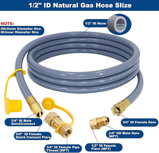 12 Feet 1/2 Inch ID Natural Gas Hose with Quick Disconnect for weber, charbroi, Grill, Pizza Oven, Patio Heater and More NG Appliance, Propane to Natural Gas Conversion Kit - CSA Certified