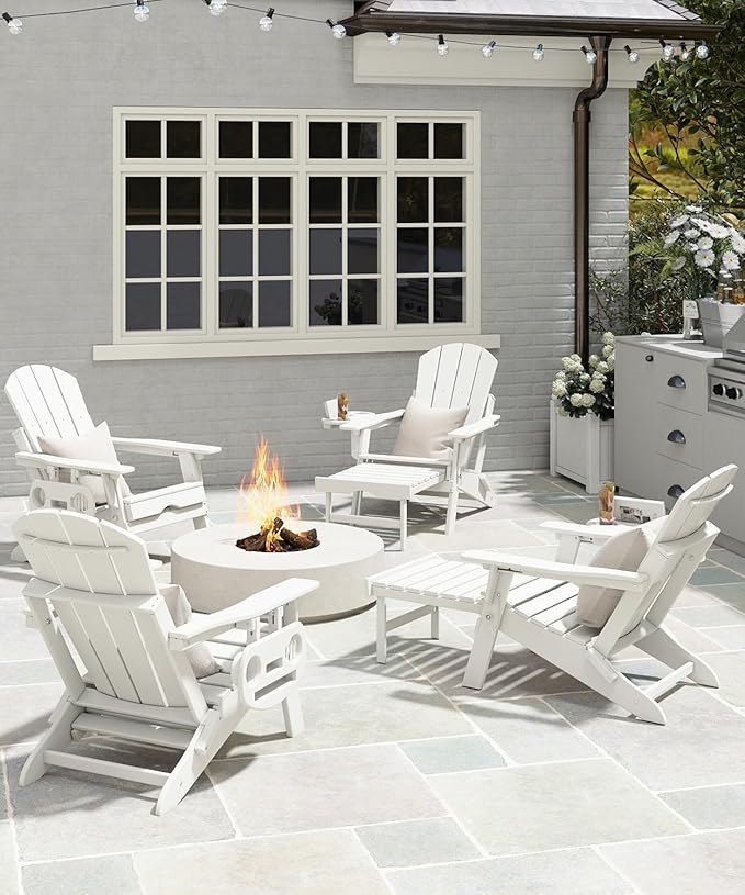 Adjustable Adirondack Chair with Retractable Ottoman Set of 2, HDPE Folding Adirondack Chair with Cup Holder, All Weather Fire Pit Chair for Outdoor.