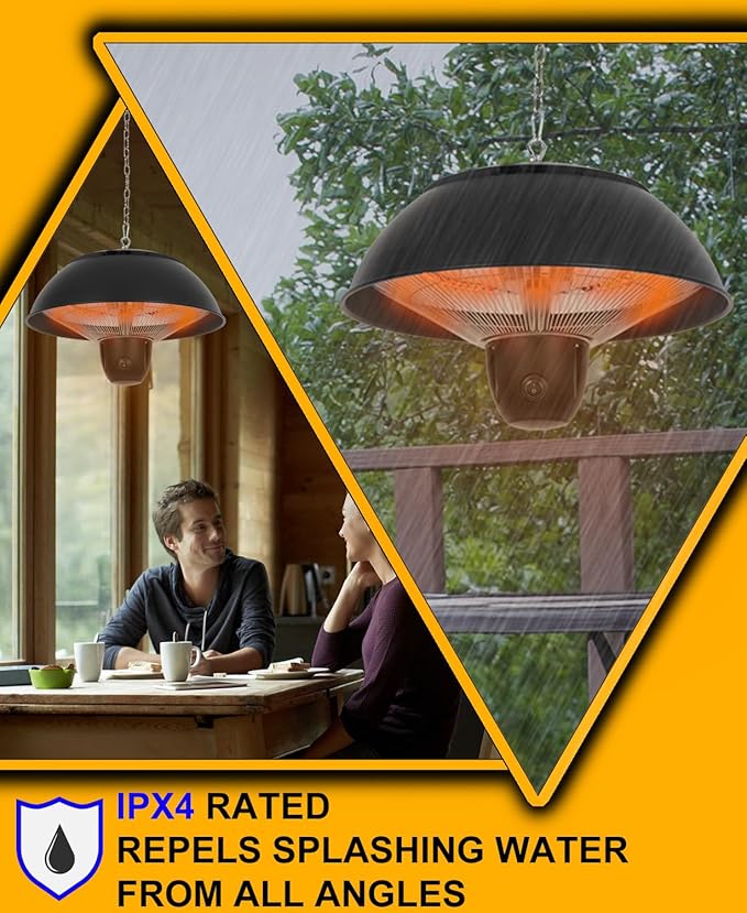 Infrared Hanging Electric Patio Heater W/Remote, Ceiling Mounted, 1500W, Indoor/Outdoor, IPX4 Water-Resistant, 360° Heat, 6.5’ Radius, 3-Second Warm-Up