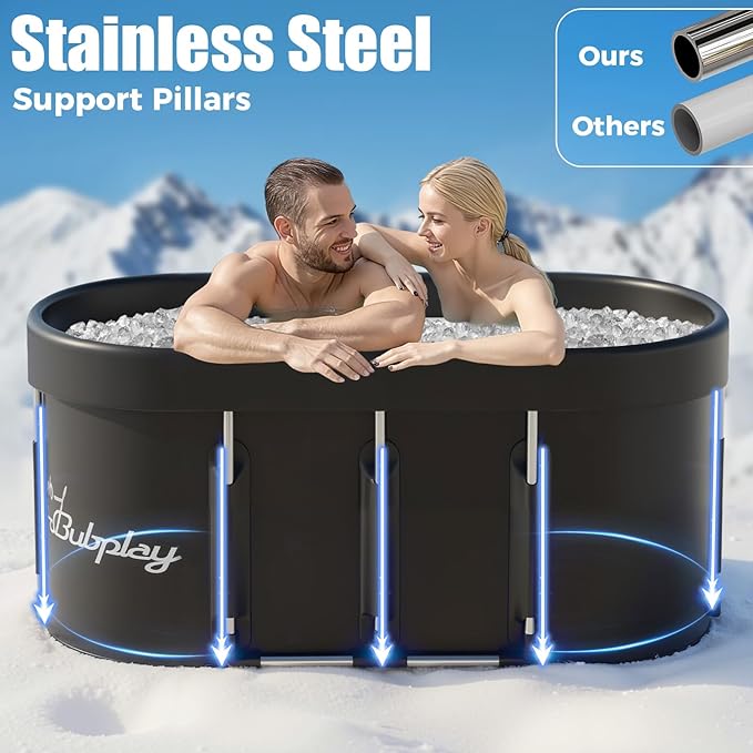 140 Gallons Large Oval Ice Bath Tub for Athletes & Adults, Cold Plunge Tub with Cover, Ice Plunge Tub for Recovery & Cold Water Therapy, Inflatable Ice Bath Barrel for Indoor Outdoor- Black