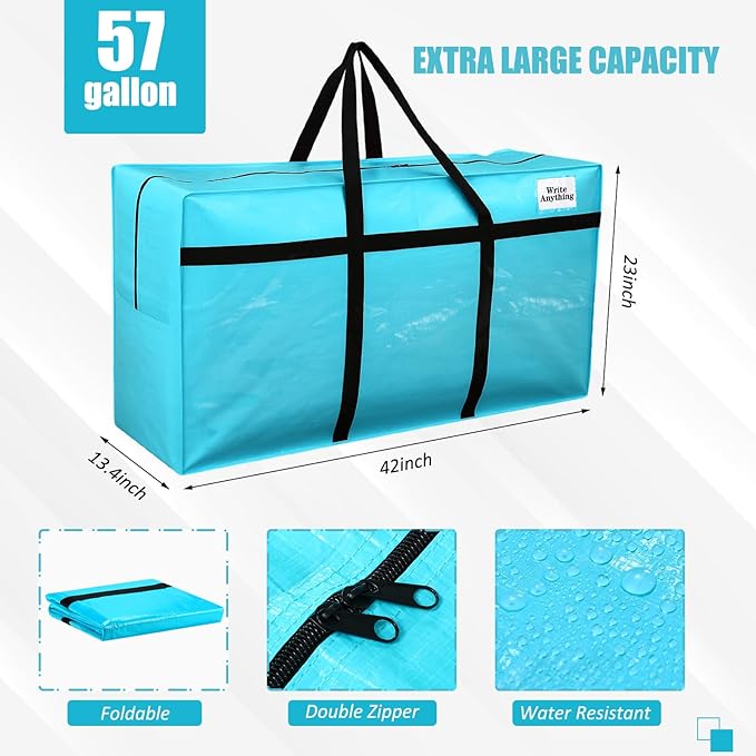 Windyun 4 Pack 57 Gallon Extra Large Storage Bags XXL Moving Bags with Zipper Handles Heavy Duty Jumbo Big Tote Box for Christmas Tree Storage 4, 5, 7.5, 9, 10, 12 ft Skeleton College Dorm(Lake Blue)