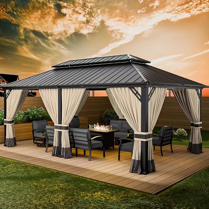 12’x20’ Hardtop Gazebo Outdoor Aluminum Frame Permanent Gazebo Galvanized Steel Double Roof Gazebos with Nettings and Curtains for Patio, Lawns,Backyard, Deck(Brown)