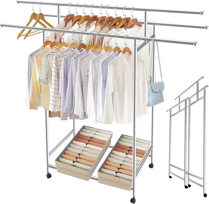SAN LIKE Garment Rack with Wheels, Heavy Duty Load 550 lbs 3-Rod Standing Clothing Rack 3.8' to 6.4' Extendable Metal Clothes Rack, Portable Foldable Drying Rack for Clothes, Quilt, Comforter, Blanket