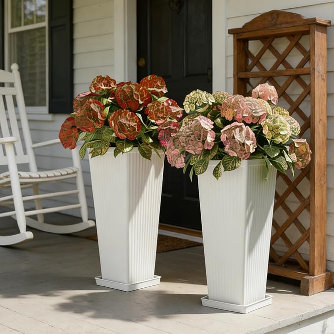 Square Tall Planters for Outdoor Plants Set of 2-23.6" Modern Tapered Indoor Flower Pots with Drainage Holes/Partition/Tray, Large Outdoor Planters for Porch Patio Garden Front Porch, White