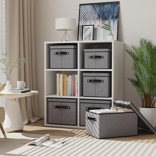 Foldable Storage Bins with Lids, 15 x 9.8 x 8.3 Inch Storage Boxes with Handles, Fabric Closet Organizers for Wardrobe, Gray, 3-Pack