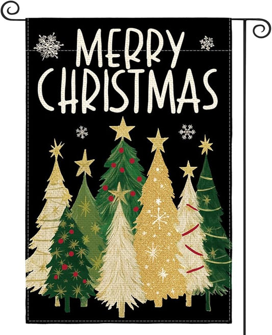 AVOIN colorlife Merry Christmas Garden Flag 12x18 Inch Double Sided Outside, Christmas Trees Winter Holiday Yard Outdoor Flag Black