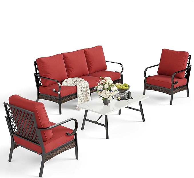 4 Piece Metal Outdoor Patio Furniture Set, Patio Conversation Sets 1 3-Seater Sofa, 2 Chairs with 5.75" Extra Thick Cushion and Coffee Table, Black Frame Backyard Furniture, Rust Red
