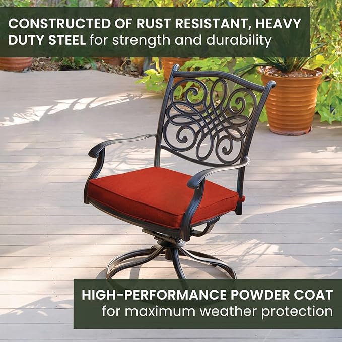 Hanover Traditions 11-Piece Modern Outdoor Dining Set with Rust Resistant Cast Aluminum Rectangular Large Dining Table and 10 Swivel Rocker Chairs with Plush Weather Resistant Red Cushions