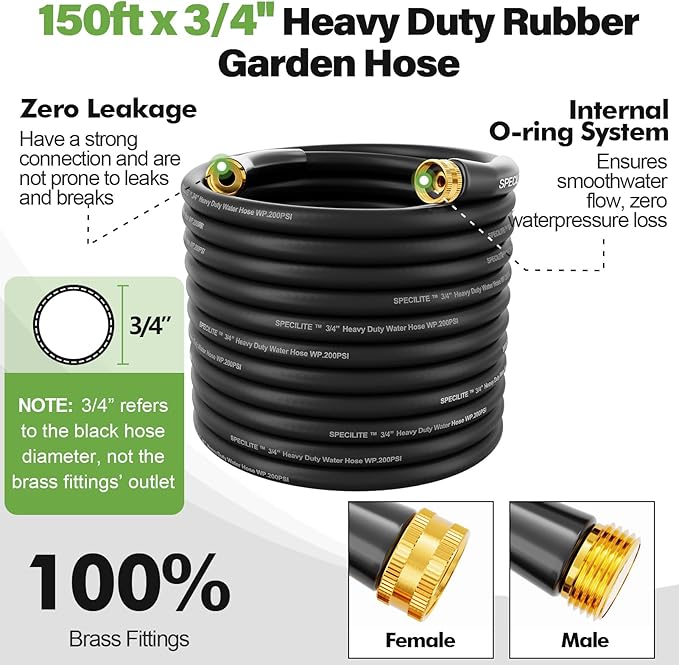 SPECILITE 3/4" Garden Hose 150 ft with High Flow Nozzle, Heavy Duty Flexible Hybrid Rubber Water Hose for Outdoor, Lightweight, Leak-Proof, No-Kink, 3/4"Brass Fittings,Black