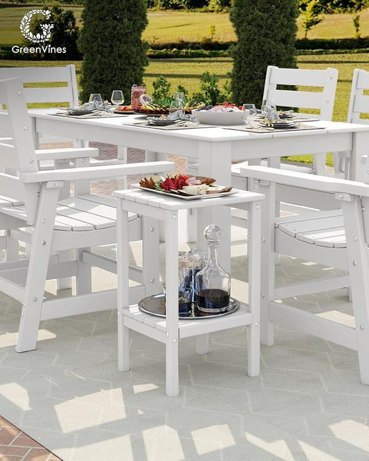GREENVINES Tall-Outdoor-Side-Table Set of 2 | 23.5" | HDPE Plastic | Patio Adirondack End Tables | All Weather | 2-Tier | White | for Porch Garden Indoor & Rocking Chairs