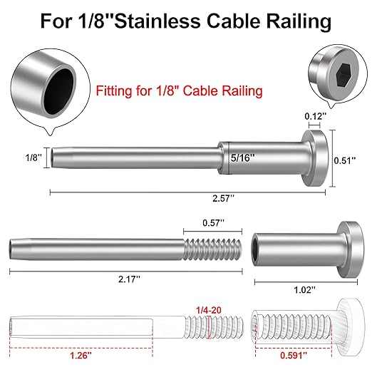 BLIKA 24 Pack Invisible Cable Railing Kit, T316 Stainless Steel 1/8" Invisible Receiver and Swage Stud End for Cable Railing, Swage Tensioner 1/8" for Wood/Metal Post, Cable Railing Hardware
