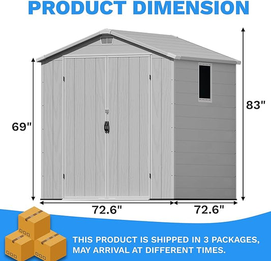 Greesum 6x6FT Plastic Outdoor Storage Shed with Floor, Resin Sheds with Lockable Double Door, All-Weather Tool Sheds with Window and Vents, for Garden, Backyard, Patio, Light Gray