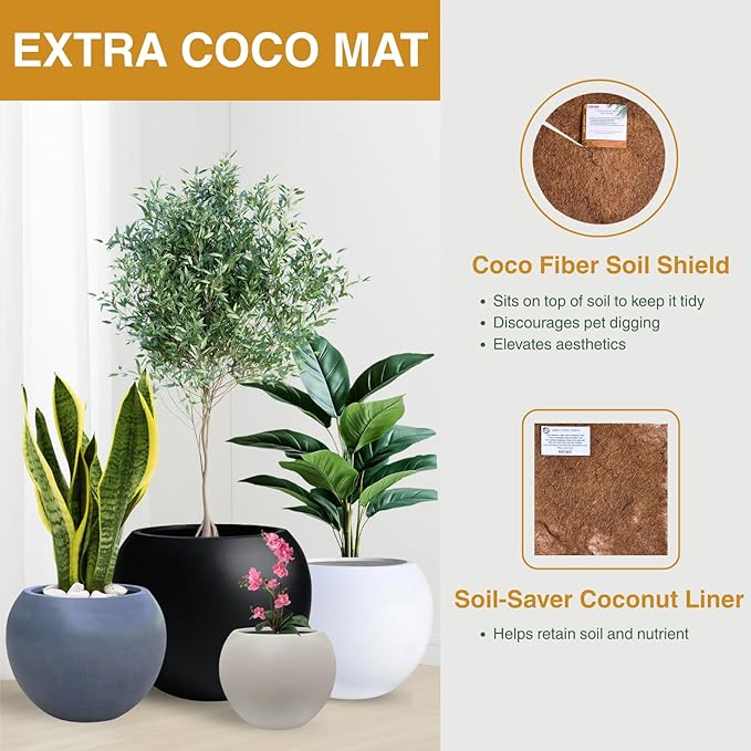 12.8" H x 16" D Globo Fiberstone Round Planter - Christmas Tree Planter, Smooth Finishes, Weather Resistant for Indoor & Outdoor Use, Included 2 Extra Coco Mats (Black, 10.7" Pot Opening)
