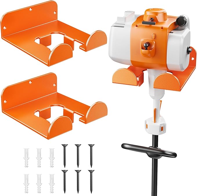 POKIPO Weedeater Hanger, 2 Pack Garage Organize Grass String Trimmer Rack, Heavy Duty Metal Weed Eater Holder Wall Mount Save Space, Garden Tool Storage Rack Loads 25lbs, Weed Wacker Hooks for Garage