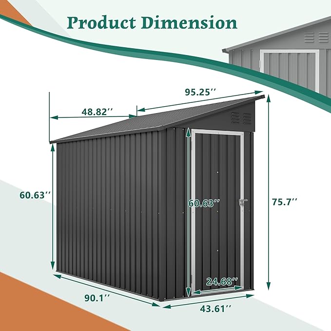 4×8 FT Lean to Metal Shed,Outdoor Heavy-Duty Storage Shed with Floor Base,All Weather Waterproof Garden Tool House W/Lockable Door&2 Air Vent,Reversible Door Design,for Backyard,Patio,Lawn,Black
