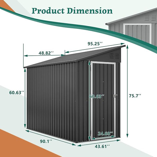 4×8 FT Lean to Metal Shed,Outdoor Heavy-Duty Storage Shed with Floor Base,All Weather Waterproof Garden Tool House W/Lockable Door&2 Air Vent,Reversible Door Design,for Backyard,Patio,Lawn,Black