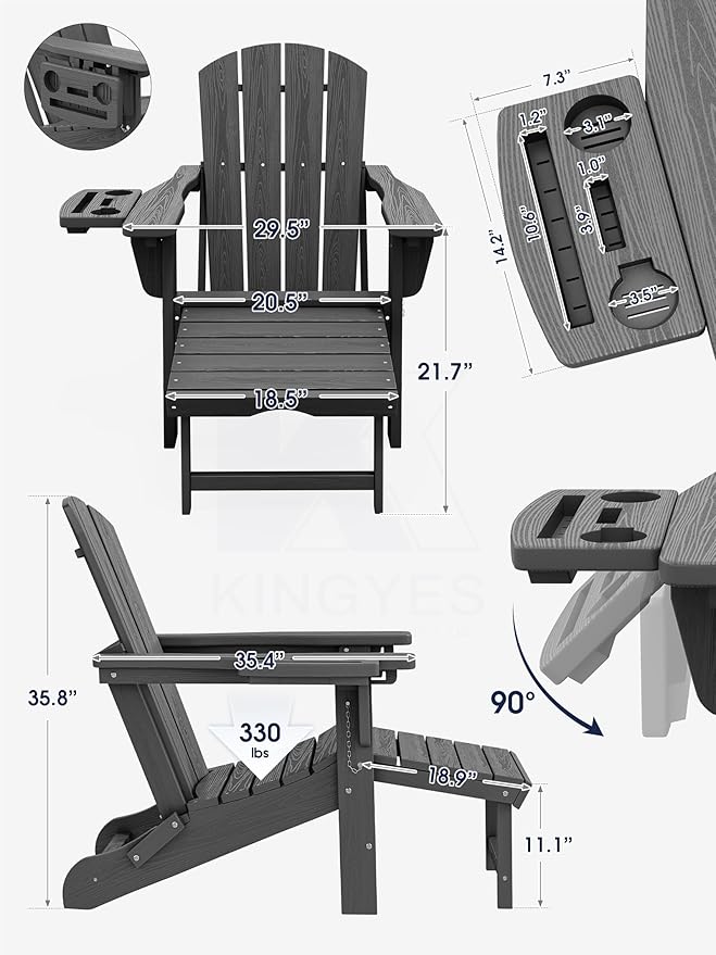 KINGYES Adjustable Folding Adirondack Chair with Footrest & 4-in-1 Multi-Functional Armrest Organizer Set of 4, HDPE Foldable Reclining Adirondack Chair with Pull-Out Ottoman, Grey