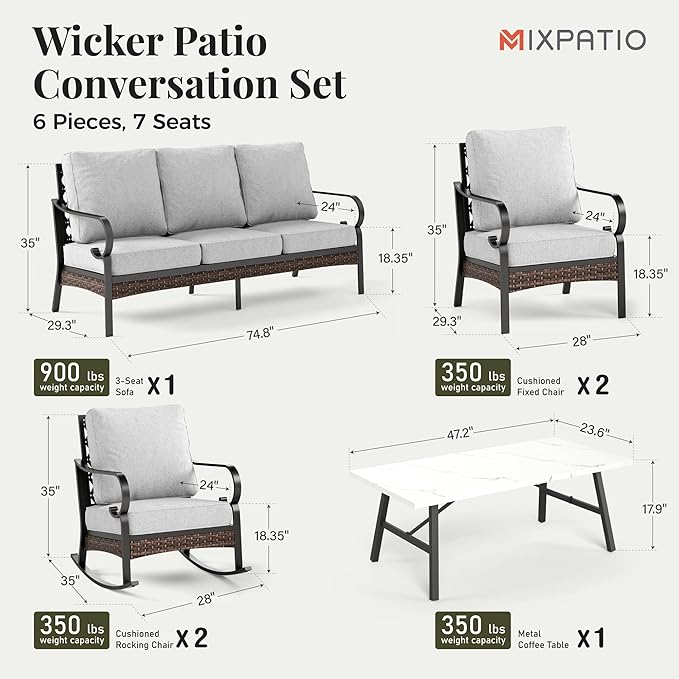 Patio Furniture Set with Firepit Table, Black Frame Outdoor Conversation Set with 2 x Fixed Chairs, 2 x Rocking Chairs, 1 x 3-Seat Sofa for Lawn Garden Backyard, Light Grey
