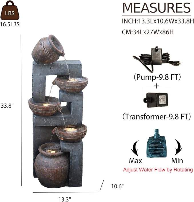 Bumilgar 33.8" H Water Fountain Outdoor with LED Lights & Pump, 5-Tier Cascading Outdoor Fountain for Garden,Patio,Porch,Backyard,Home Art Decor (Brown)