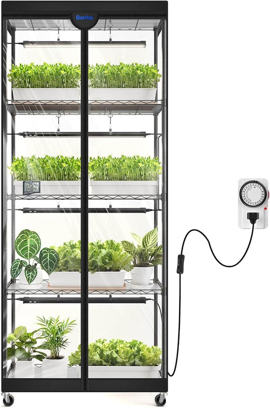Barrina LP750 Indoor Greenhouse with Grow Light, 5-Tier Plant Stand with Light 140W TX-S35 2FT, 5000K Full Spectrum Plant Shelf with Tent, Timer & Thermometer for Seed Tray Growth 29.5 x 13.8 x 70.9IN