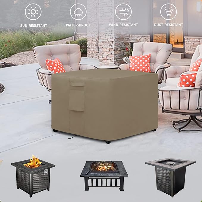 Easy-Going Outdoor Fire Pit Cover Square 50" Lx50 Wx24 H, Durable Outdoor Gas Firepit Cover, Waterproof and Weatherproof Cover for Fire Pit, Camel