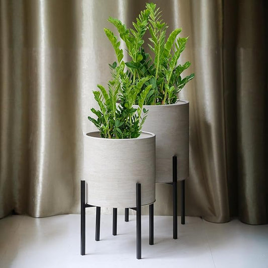 ARNIS Modern Plant Pots, Large Planters with Stand, Set of 2 Decorative Planters, Metal Pots with Drainage Holes for Living Room, Office, Garden or Balcony, 10.5 &12.55 Inch, Dirt