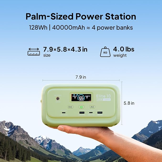 BLUETTI Solar Generator Elite 10 with 60W Solar Panel Included (Ship Separately), 128Wh Mini Power Station with 200W AC Port, Palm-Size Portable Power for Camping, Outages, UPS Backup (Meadow Green)
