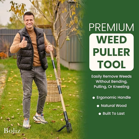 46” Detachable Weed Puller Tool Stand up Heavy Duty with 4-Claw Steel Head, Real Bamboo Garden Weed Pulling Tool, Weed Remover Tool Without Bending