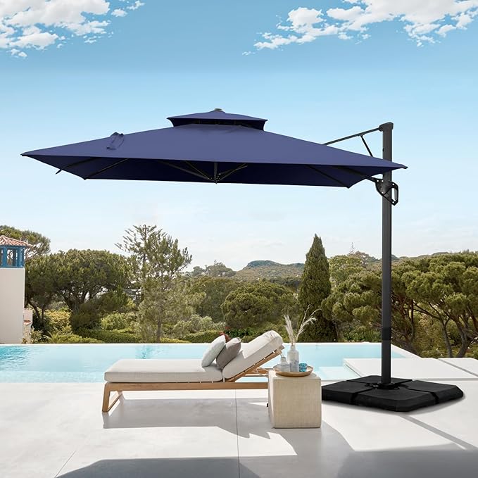 GREEN PARTY 12x9 ft Cantilever Patio Umbrella with Base Included, Rectangle Offset Outdoor Umbrellas with 360° Rotation, 5-Year-Non-Fading Hanging Pool Umbrella for Garden Deck Poolside - Navy Blue