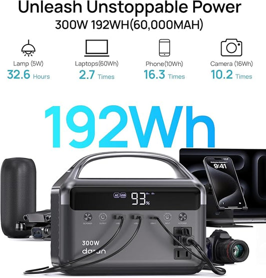 DaranEner Portable Power Station, 300W (Surge 600W) 192Wh(60,000mAh) Power Bank with 110V AC Outlet, LiFePO4 Battery for Home Emergency, Camping, Travel,& Outdoor Electronics(Option Solar Generator)