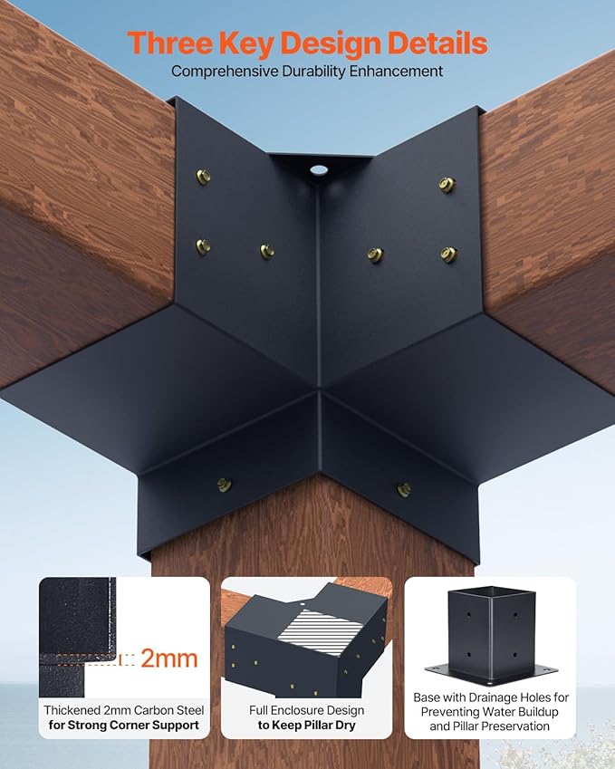VEVOR Pergola Kit 4-Pack, T-Shaped 4x4 (Actual 3.5x3.5 Inch), 3-Way Pergola Brackets DIY Woodworking Gazebo Bracket Kit with Screws for 3.5x3.5 Inch Wood Beams in Actual Size for Outdoor Party Banquet