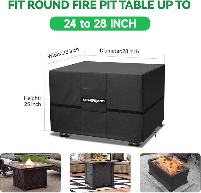 NEVERLAND Fire Pit Cover Square 28 Inch - Waterproof Outdoor Firepit Covers Square for 24-28 Inches 600D Oxford Patio Gas Fire Pit Table Covers with Buckle Straps and Air Vent, 28 x 28 x 25 Inch Black