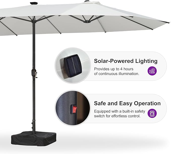 PURPLE LEAF 14ft Patio Market Umbrella with Solar LED and Base Double-Sided Rectangle Outdoor Table Sun Umbrellas with Crank for Pool Beach Deck Backyard Cream