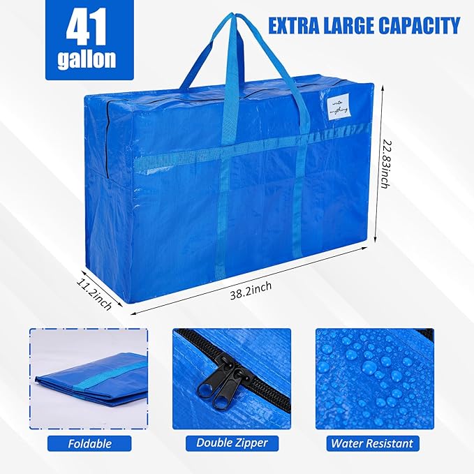 Windyun 4 Pack 41 Gallon Extra Large Storage Bags XXL Moving Bags with Zipper Handles Heavy Duty Jumbo Big Tote Box for Christmas Tree Storage 4, 5, 7.5, 9, 10, 12 ft Skeleton College Dorm(Blue)