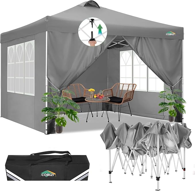 COBIZI Canopy Tent 10x10 Pop Up Outdoor Canopies with 4 Sidewalls Waterproof Commercial Instant Gazebo Tents for Party Patio Backyard with 4 Sandbags, 4 Stakes & 8 Ropes, Grey