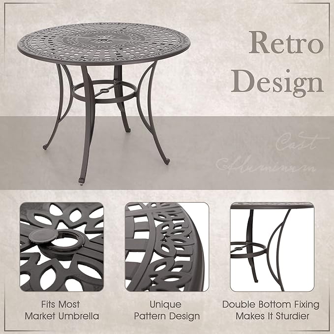 MFSTUDIO Cast Aluminum Round Patio Dining Table, 54" Outdoor Bar Height Table, Metal Patio Bistro Table with Umbrella Hole, Retro Design Outdoor Dining Table for 4-6