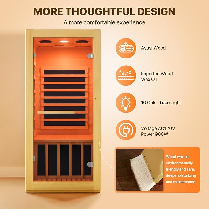Infrared Sauna Room Indoor Saunas Home Obeche Wood 900W Low-EMF Dry Saunas Single Person Spa with 7 Color Light 32.3 * 28.3 * 61.4 inch