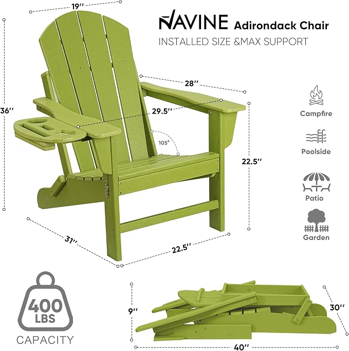 Adirondack Chair Set of 6, HDPE Folding Adirondack Chair with Multifunctional Cup Holder, Weather Resistant Fire Pit Chair for porches, patios, poolsides, Decks.