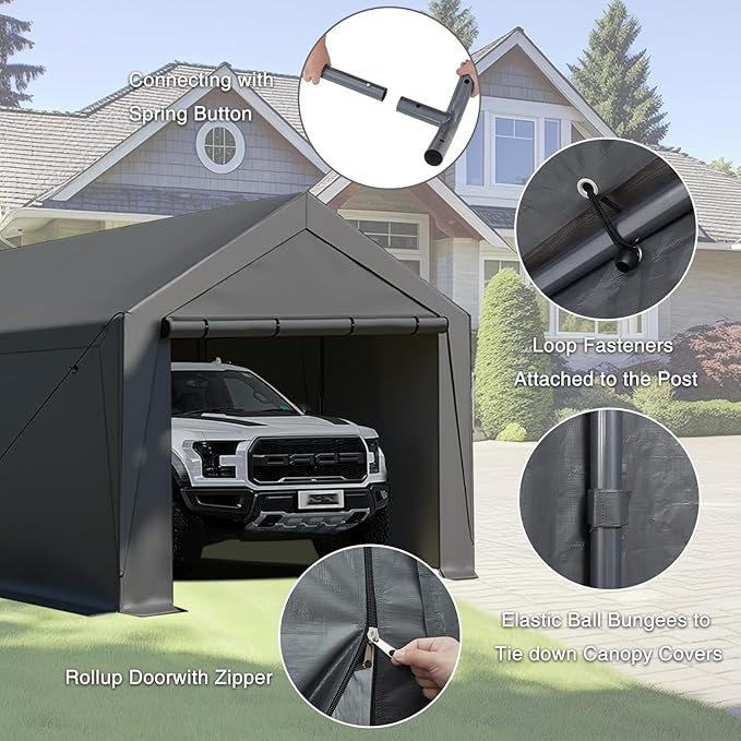Carport Canopy 10x20 Heavy Duty, Portable Carport Garage with Removable Sidewalls and Door, Car Port with Waterproof Canopy for All Season (Gray)