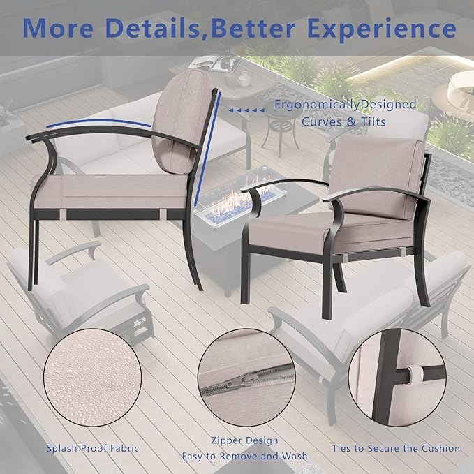 Aluminum Outdoor Furniture Set with Fire Pit Table, 7-Seat Patio Conversation Set Including Swivel Rocker Chairs & Sectional Sofas, All-Weather Metal Frame for Deck, Porch, Backyard,Sand