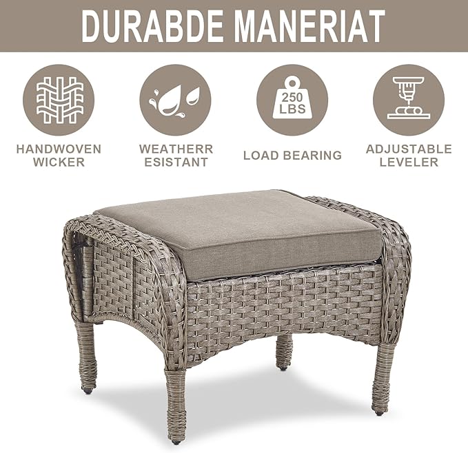5 Piece Swivel Rocker Glider Outdoor Chairs Set of 2 with Ottoman and Glass Side Table Patio Bistro Furniture Set, Comfort High Back Wicker Patio Conversation Set for Deck Porch Sunroom
