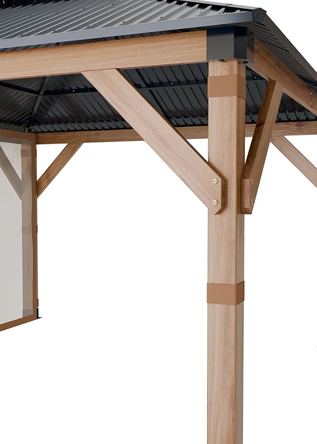 GarveeLife Hardtop Wood Gazebo 10 ft x12 ft for All Weather, with Double Metal Roof, Heavy Duty Wooden Frame, Net, and Curtain, Permanent Building for Patio, Deck, Backyard, Lawn, and Garden