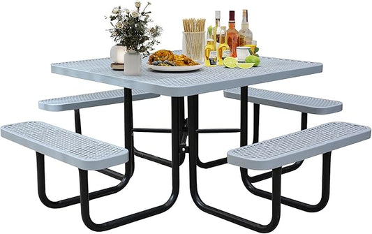 8-Person Outdoor Picnic Tables,46" Heavy-Duty Metal Square Picnic Table,Expanded Metal Commercial-Grade Table with 4 Benches & Umbrella Hole,Waterproof Coating Beach Table for Patio,Garden, Backyard